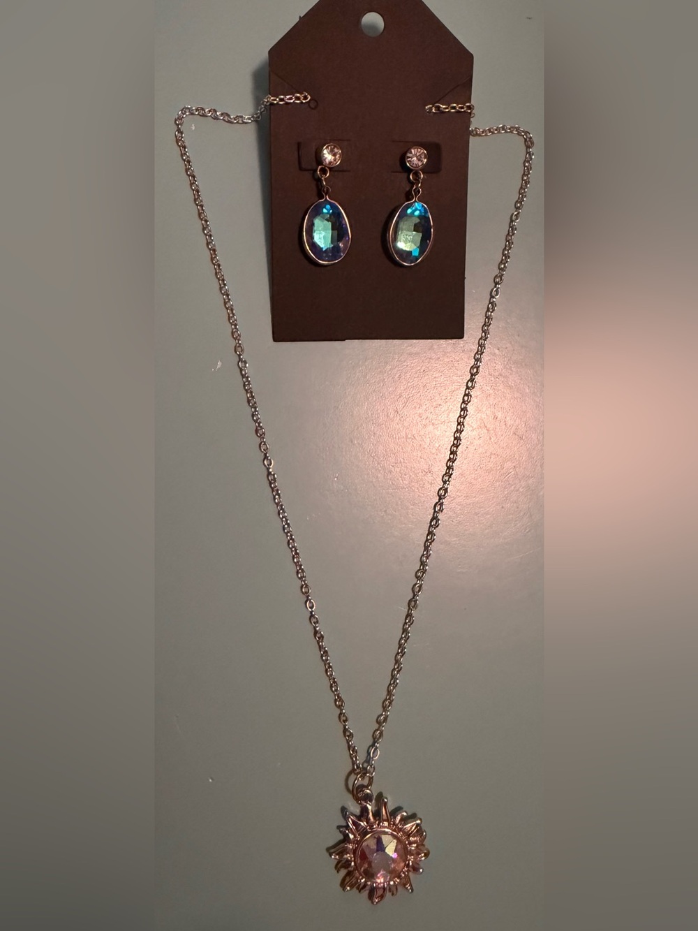 Iridescent Blue Teardrop Earrings and Gold Sunburst Pendant Necklace Set
